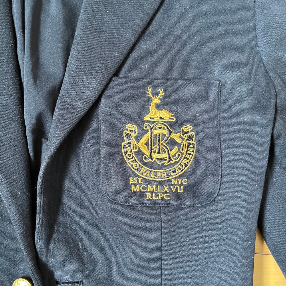 Polo Ralph Lauren Navy Blue Knit Crest Blazer Gold Bullion Embroidery Size 4 - Picture 2 of 12